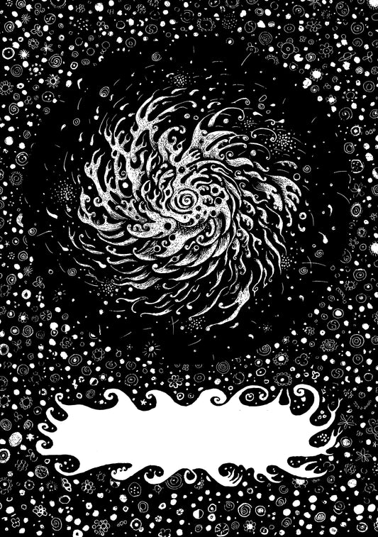 Black and white psychedelic art print featuring a swirling spiral galaxy or cosmic swirl in the center, surrounded by a dense field of stars and dots, with a blank white banner shape at the bottom.