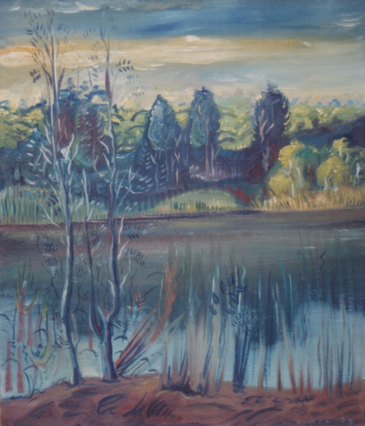 An impressionist landscape painting depicting a calm lake or river with reeds in the foreground, bare trees, and a dense forest under a cloudy sky.