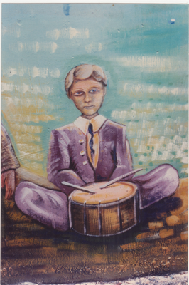 A painted portrait of a child seated cross-legged behind a drum, wearing a purple suit and tie against a textured blue-green background.