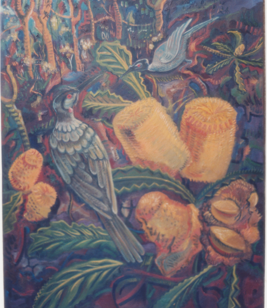 A colorful painted scene featuring two birds among large yellow-orange flowers and green leaves, rendered in a painterly, textured style with deep blue, purple, and brown tones.