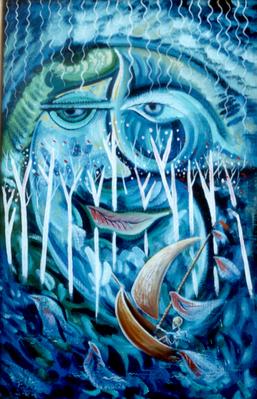 Abstract artwork with a face, boat, and trees in a blue-toned setting