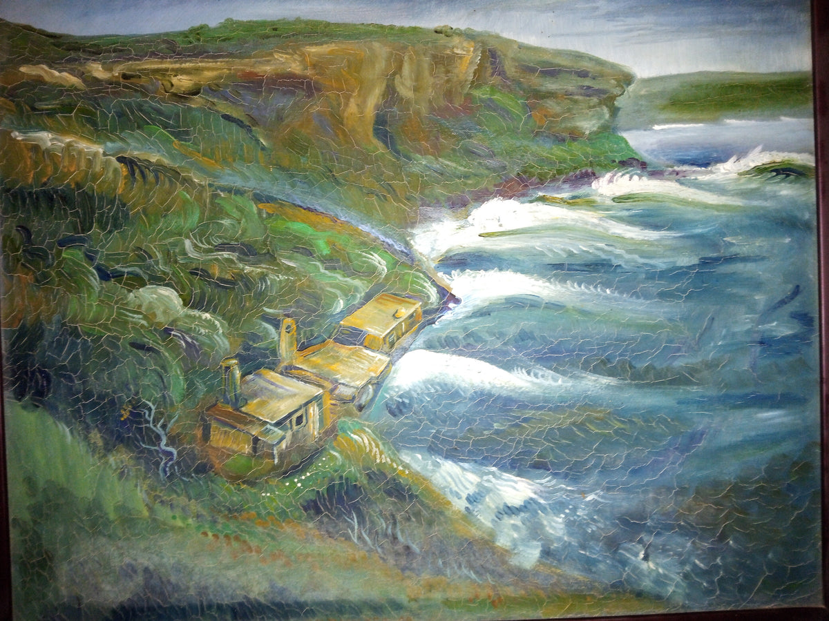 An impressionistic oil painting depicting a rugged coastal cliffside with a small house, green vegetation, and powerful blue-green waves crashing against the shore.