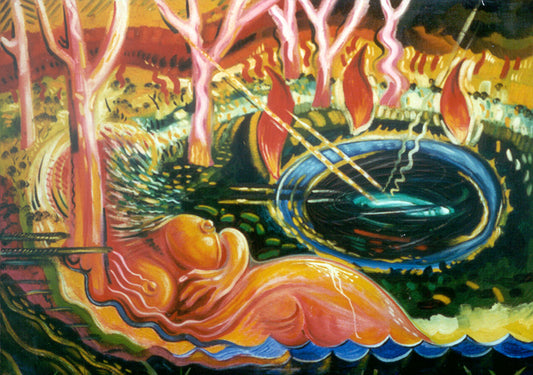 A colorful surreal painting depicting a reclining nude figure in warm orange and pink tones beside a blue pool, with abstract tree-like forms and flame-like shapes in the background.