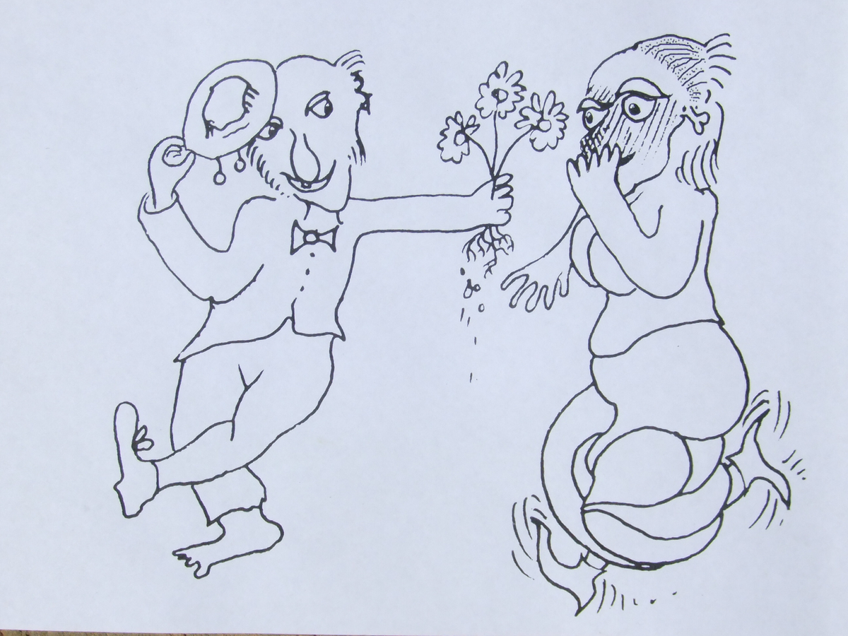 Cartoon illustration of a man and a mermaid with a flower, on a white background.