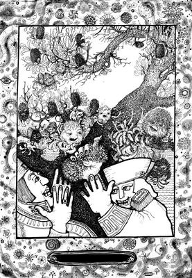 Black and white psychedelic art print featuring a surreal scene of a tree with hanging fruit, a woman holding a book, and hands reaching out, surrounded by intricate patterned borders.