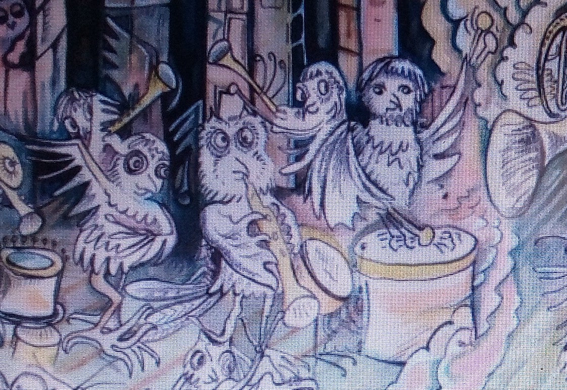 A close-up of a textile or printed fabric featuring a whimsical illustration of stylized birds playing musical instruments, rendered in muted blue, pink, gray, and cream tones.