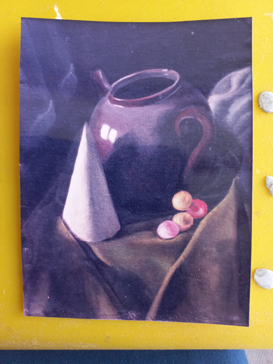 A still life art print depicting a dark purple pitcher, a white cone, and pink and gold cherries on draped fabric, displayed on a bright yellow surface.


