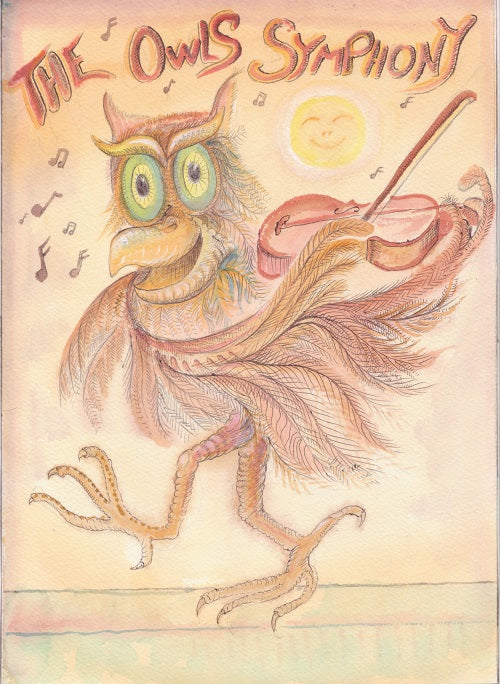 A whimsical illustrated cover for 'The Owls Symphony' showing a cartoon owl with large green eyes playing a violin, with musical notes and a smiling sun on a warm cream background.

