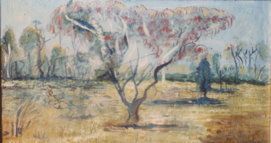 An impressionist landscape painting depicting a tree with pink and red foliage in a dry, golden field under a pale blue sky.

