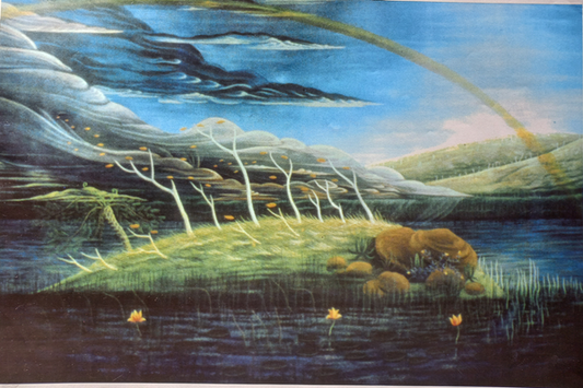 A surreal landscape painting featuring a dark blue lake, a grassy island with white-trunked trees, a brown elephant resting on the island, and a rainbow arching across a blue sky with dark clouds.

