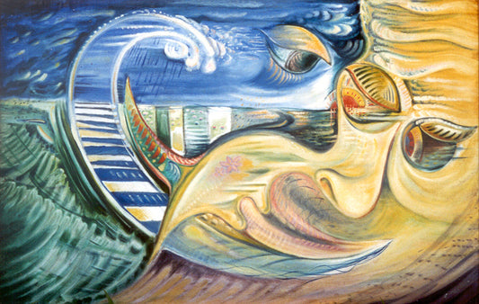 An abstract painting featuring a stylized face in warm yellow, gold, and peach tones, paired with swirling blue and green landscape-like forms and a curved white shape resembling a bird or wave.

