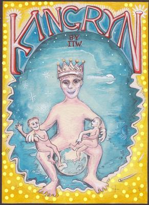 A stylized illustrated poster or print titled 'Kingry' by IITW, showing a crowned seated figure in a blue celestial scene with two small figures, set against a yellow dotted border.

