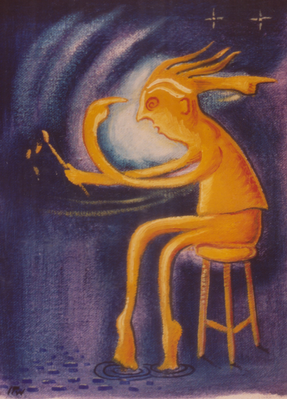 A stylized painting of a seated yellow figure with elongated limbs and hair, holding a brush, against a dark blue and purple background with stars.

