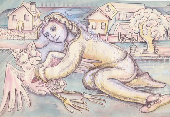 A pastel and colored pencil drawing of a winged fairy embracing a small bird, with houses, a tree, and a bicycle in the background.

