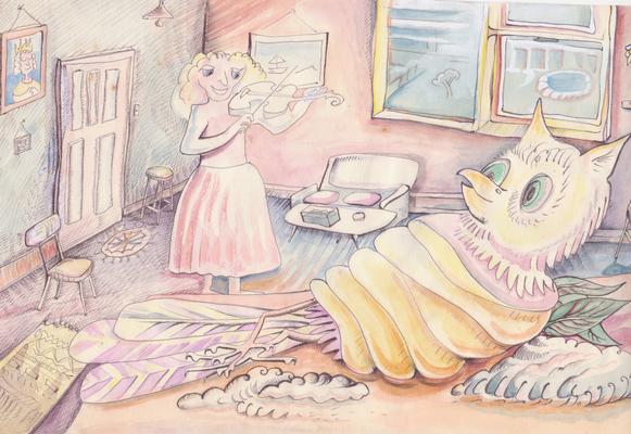 A pastel-style illustration of a woman in a pink dress standing in a room while holding a large, fluffy cream-colored creature with green eyes and folded wings on the floor.

